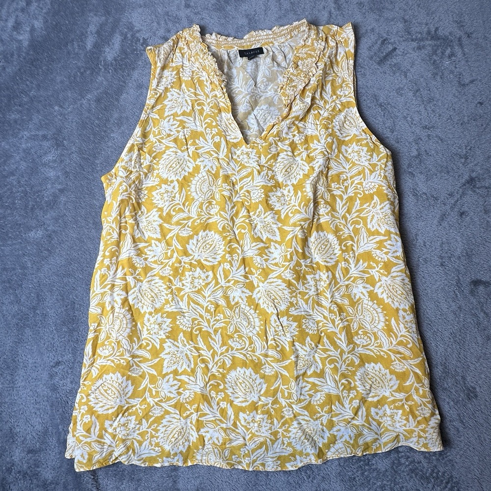 Talbots‎ Split V-neck Sleeveless Yellow White Top Blouse Viscose Floral Size L